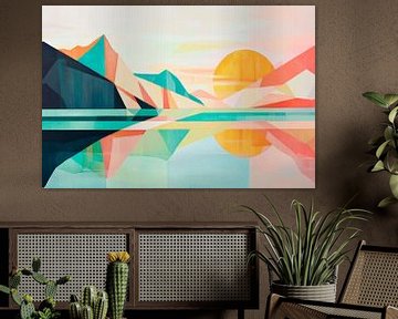 Geometrisch landschap met oranjekleurige zon van Poster Art Shop