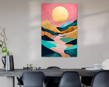 Gouden bergen met een roze lucht van Poster Art Shop