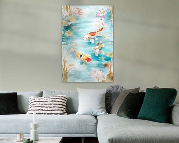 Koi-Fische im blühenden Teich – Aquarell von Poster Art Shop