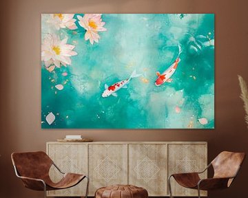 Koi-Fische im klaren Wasser mit Seerosen von Poster Art Shop