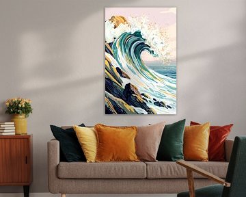 Vague puissante sur le rocher - jeu de couleurs sur Poster Art Shop