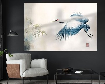 Crane in flight - Asian watercolour art by Poster Art Shop