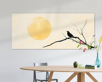 Kranichsilhouette vor goldenem Mond von Poster Art Shop