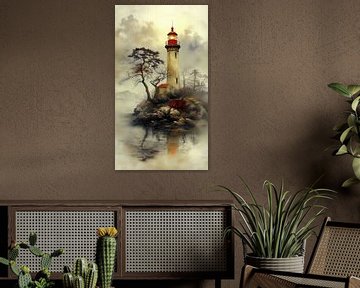 Vuurtoren in mystiek landschap van Preet Lambon