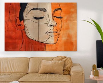 Contour van Emotie: Abstract Vrouwelijk Portret in Oranje van Eva Lee