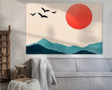 Rote Sonne über blauen Bergen – Minimalistisch von Poster Art Shop