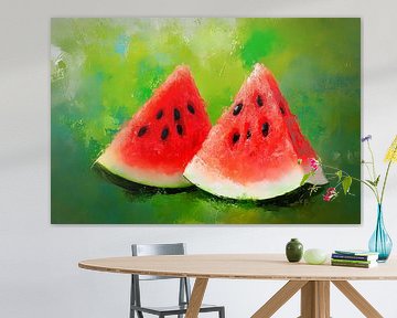 Saftige Wassermelonen auf grünem Hintergrund von Poster Art Shop