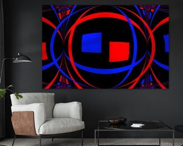 Blauwe en rode gebogen vormen op zwart van Leo Huijzer