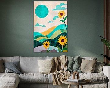 Sonnenblumen vor bunten Hügeln – Feminin von Poster Art Shop