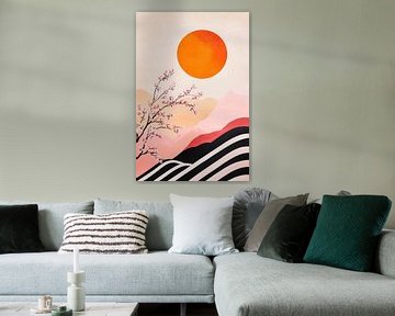 Zonsondergang boven een heuvelachtig landschap van Poster Art Shop