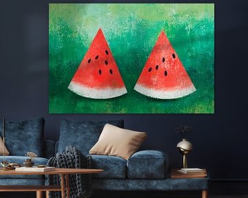 Wassermelonen-Scheiben auf grünem Hintergrund von Poster Art Shop