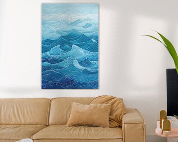 Sea of waves in soft blue tones - watercolour by Poster Art Shop