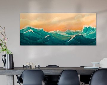 Sea of waves at sunset - Coloured by Poster Art Shop