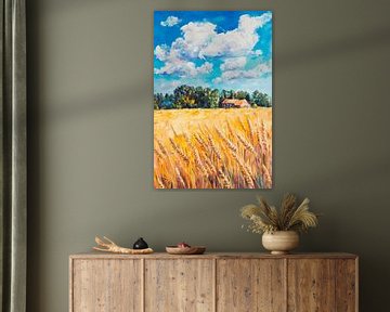 Korenveld met huis en wolken - Zomers van Poster Art Shop