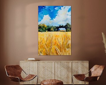 Korenveld met blauw huis - Heldere kleuren van Poster Art Shop