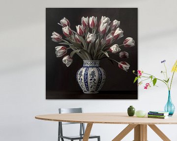 Rood witte tulpen in een Delftsblauwe vaas van Rene Ladenius Digital Art