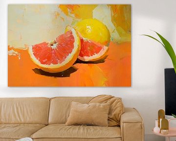 Lemons and grapefruit on bright orange by Poster Art Shop