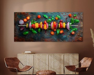 Colourful layered vegetable skewer on wooden plate by Poster Art Shop