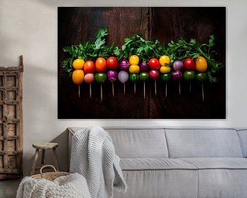 Bunte Gemüse-Spieße auf Holzuntergrund von Poster Art Shop