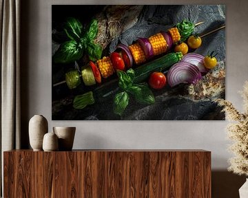 Colourful vegetable skewers with fresh basil by Poster Art Shop