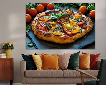 Bunte Pizza mit frischem Basilikum von Poster Art Shop