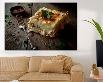 Creamy lasagne on rustic wood by Poster Art Shop