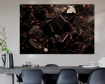 Dunkle Schokoladenwürfel auf Holzuntergrund von Poster Art Shop