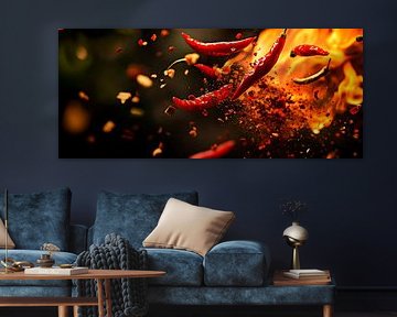 Des piments enflammés dans un tourbillon de flammes sur Poster Art Shop