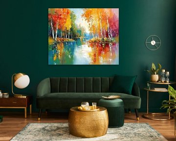 Meer in Herfstlandschap | Autumn Reflections van Abstract Schilderij