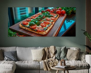 Fresh vegetable pizza on a wooden board by Poster Art Shop