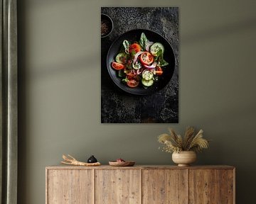 Frischer Salatmix auf schwarzem Teller von Poster Art Shop
