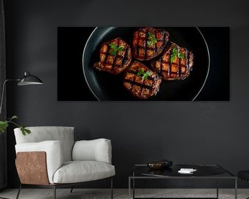 Grilled steaks on a black plate by Poster Art Shop