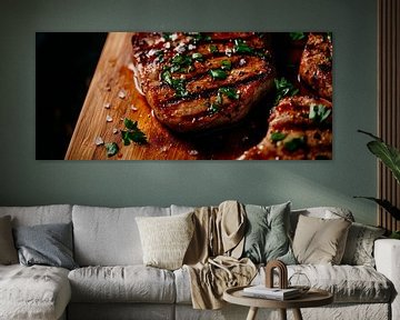 Gegrilde vleesschotel op een houten plank van Poster Art Shop