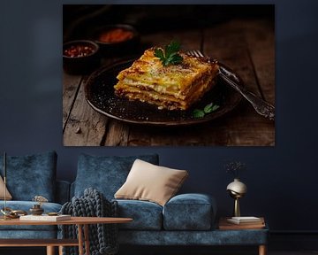 Geschichtete Lasagne auf rustikalem Teller von Poster Art Shop