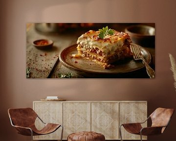 Stevige lasagne geserveerd op een houten schotel van Poster Art Shop
