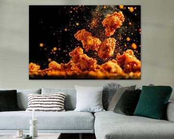 Knapperige stukjes kip in actie van Poster Art Shop