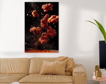 Krakende stukjes kip in de lucht van Poster Art Shop
