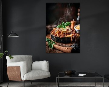 Kaasgebakken pasta met basilicumdecoratie van Poster Art Shop