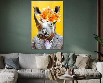 Rhinoceros with flower wreath - Stylish & colourful by Poster Art Shop