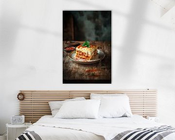 Airy lasagne on a rustic table by Poster Art Shop