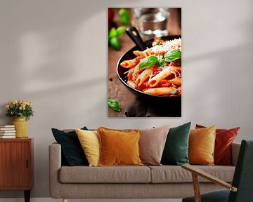 Penne pasta met tomatensaus en basilicum van Poster Art Shop