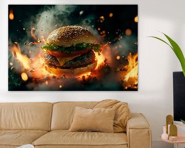 Saftiger Burger in Flammen – Apokalyptisch von Poster Art Shop