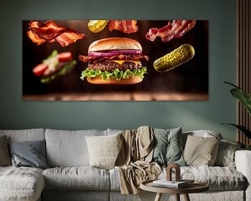 Zwevende hamburger met verse toppings van Poster Art Shop