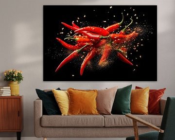 Splashing red chillies on a black background by Poster Art Shop