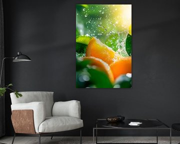 Splashing orange pieces in the sunlight by Poster Art Shop