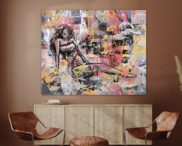Mixed media kunstwerk liggende vrouw