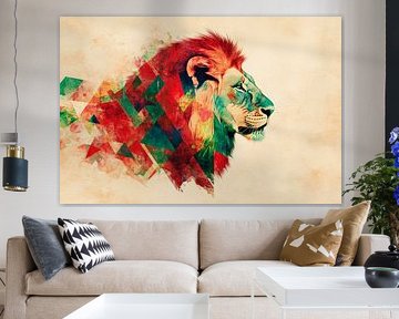 Colourful lion portrait in geometric style by Poster Art Shop