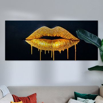 Glänzende goldene Lippen mit Tropfen von Poster Art Shop
