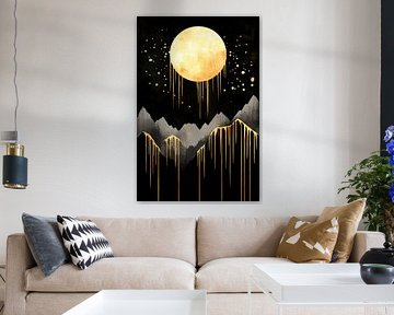 Golden moon over grey mountains by Poster Art Shop