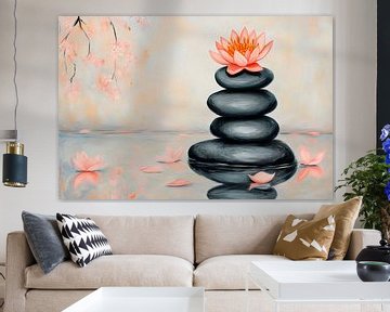 Lotusbloesem op zen-achtige stenen van Poster Art Shop